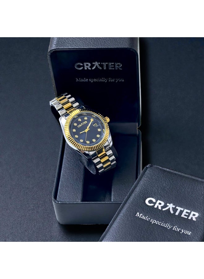 كريتر  ساعة كريتر (CRATER) للرجال – تصميم ملكي فاخر من الستانلس ستيل، مينا كلاسيكي مع عرض التاريخ، مقاومة للماء – تشمل علبة الماركة (فضي ذهبي/أسود). - Image 4